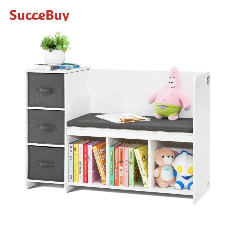SucceBuy Kids Reading Bookcase Nook Bench 6-Cubby Storage Organizer w/ 3 Drawers for Playroom Bedroom Living Room or Entryway
