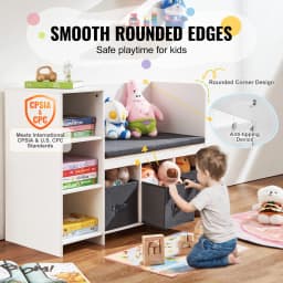 SucceBuy Kids Reading Bookcase Nook Bench 6-Cubby Storage Organizer w/ 3 Drawers for Playroom Bedroom Living Room or Entryway