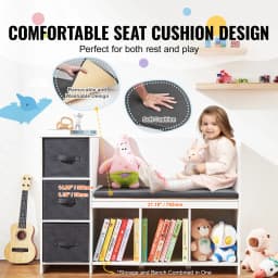 SucceBuy Kids Reading Bookcase Nook Bench 6-Cubby Storage Organizer w/ 3 Drawers for Playroom Bedroom Living Room or Entryway