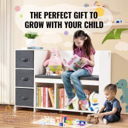 SucceBuy Kids Reading Bookcase Nook Bench 6-Cubby Storage Organizer w/ 3 Drawers for Playroom Bedroom Living Room or Entryway