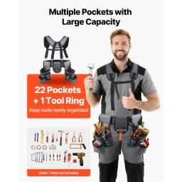 SucceBuy 22 Pockets Tool Belt Work Tool Pouch Waist Adjustable 32 - 68in Utility Belt Bag Suspenders for Electrician Carpenter
