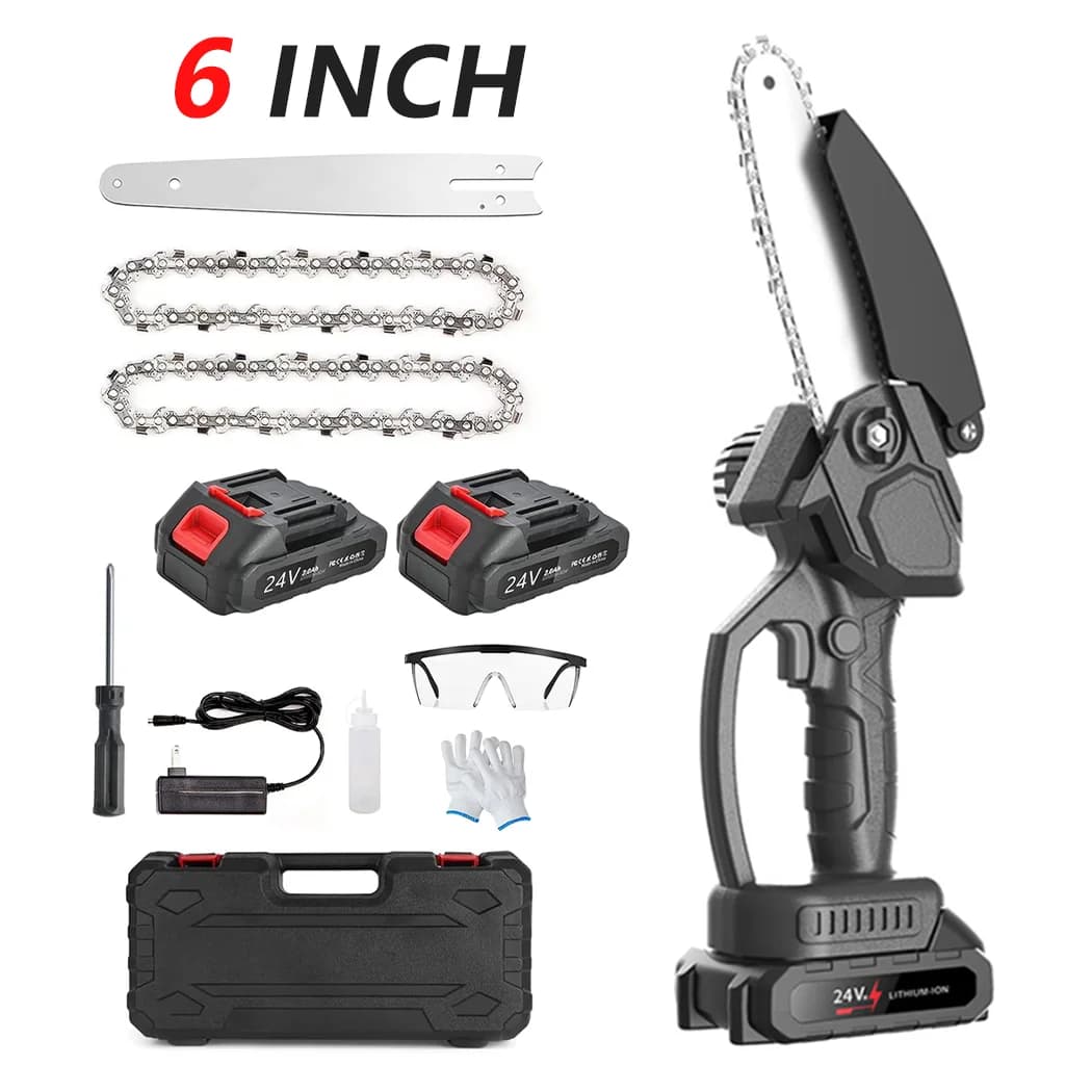 Mini Cordless Electric Chainsaw 6-Inch Wood Cutter Rechargeable 2X Battery-Powered for Home Improvement And Outdoor Living