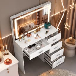 Teousev Modern White Makeup Vanity Dressing Table Set Hollywood LED Bulbs Large 3 Color Dimmable Mirror 5 Drawers Easy Assembly
