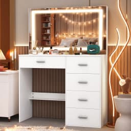 Teousev Modern White Makeup Vanity Dressing Table Set Hollywood LED Bulbs Large 3 Color Dimmable Mirror 5 Drawers Easy Assembly