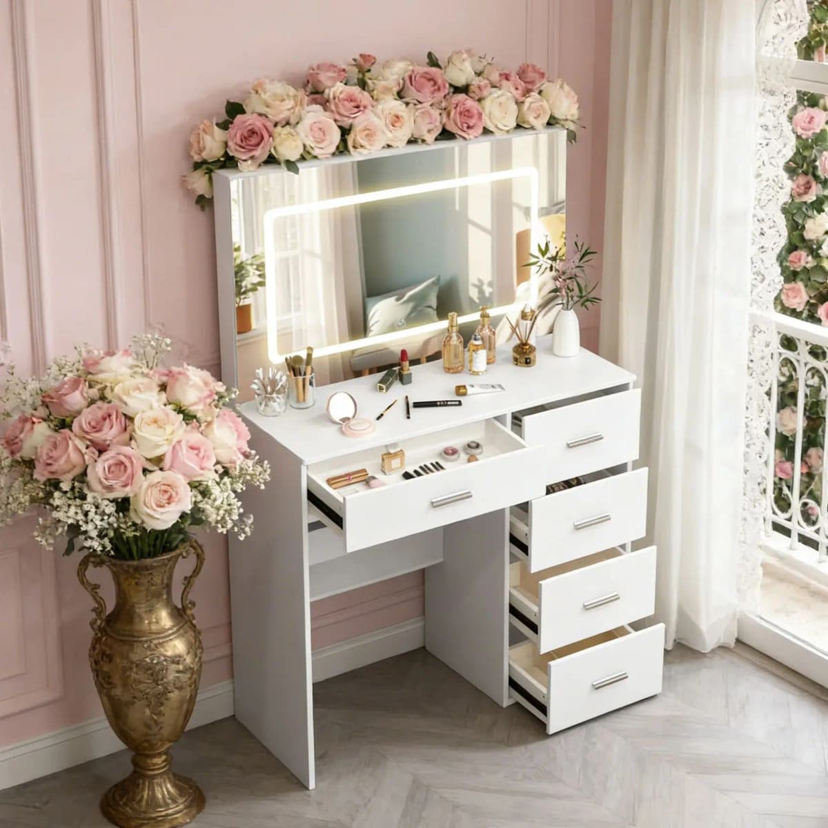 Teousev Modern White Makeup Vanity Dressing Table Set Hollywood LED Bulbs Large 3 Color Dimmable Mirror 5 Drawers Easy Assembly