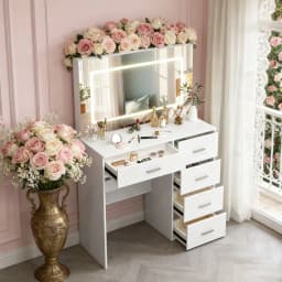 Teousev Modern White Makeup Vanity Dressing Table Set Hollywood LED Bulbs Large 3 Color Dimmable Mirror 5 Drawers Easy Assembly