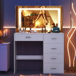 Teousev Modern White Makeup Vanity Dressing Table Set Hollywood LED Bulbs Large 3 Color Dimmable Mirror 5 Drawers Easy Assembly