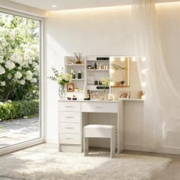 New White Dressing Desk Makeup Vanity, 3 Color Dimmable 10 Led Bulbs Mirror, Storage Makeup Dresser Table for Bedroom