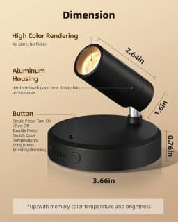 Rechargeable Magnetic Spotlight 2 Pack - Wireless Battery Powered LED Spot Lights- Adjustable Dimmable Uplight Indoor, Black