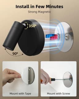 Rechargeable Magnetic Spotlight 2 Pack - Wireless Battery Powered LED Spot Lights- Adjustable Dimmable Uplight Indoor, Black
