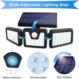 3 Head Solar Motion Sensor Light 74LED Outdoor Garden Wall Security Flood Lamp