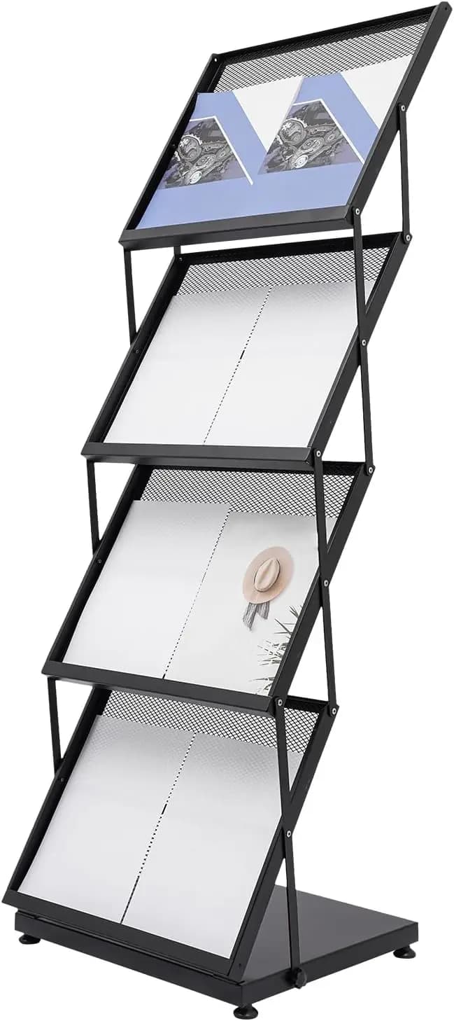 Foldable Magazine Rack,4 Tier A3 Literature Rack Brochure Display Stand Floor Magazine Rack for Exhibition, Office, Retail Store