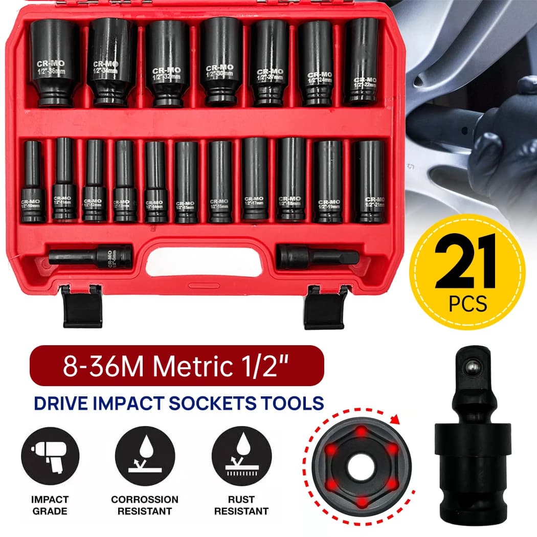 PORIYA 21PCS Metric 1/2" Drive Deep Impact Sockets Tools Kit 8-36MM Garage Workshop Set