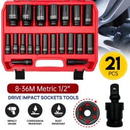 PORIYA 21PCS Metric 1/2" Drive Deep Impact Sockets Tools Kit 8-36MM Garage Workshop Set