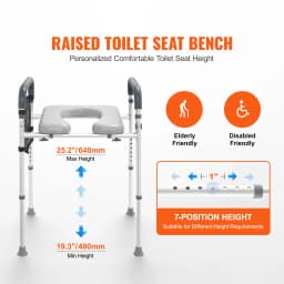 SucceBuy Raised Toilet Seat 7-Position Height Adjustment 19.3"- 25.2" 350 lbs Weight Capacity with Comfort Padded Aluminum Frame