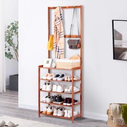5 Tiers Bamboo Shoe Storage Rack Shoe Coat Rack Organiser with 8 Hooks