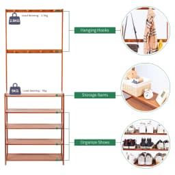 5 Tiers Bamboo Shoe Storage Rack Shoe Coat Rack Organiser with 8 Hooks