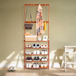 5 Tiers Bamboo Shoe Storage Rack Shoe Coat Rack Organiser with 8 Hooks