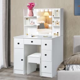 Vanity Set Dressing Table Stool Makeup Desk Drawers With Large LED Light Mirror