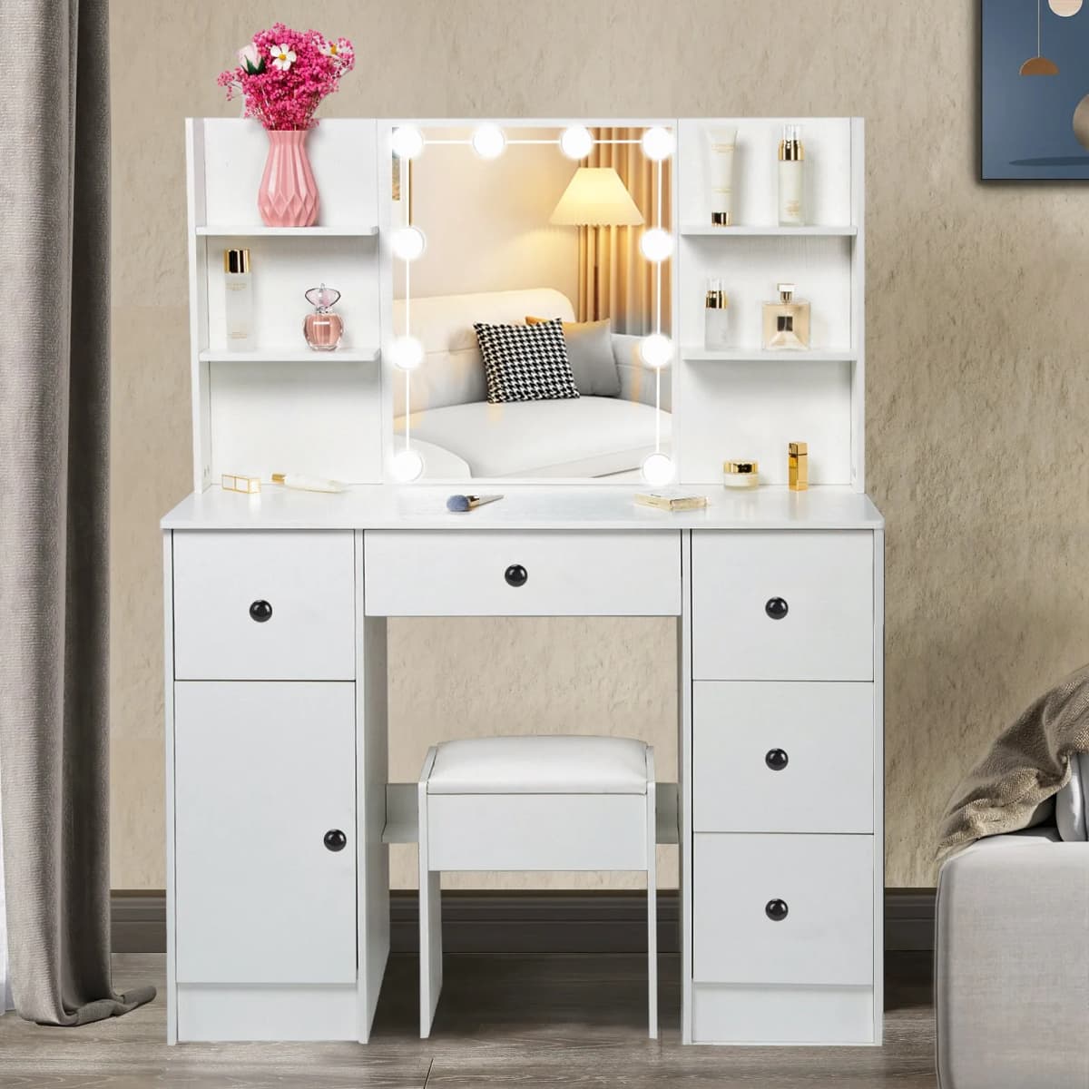 Vanity Set Dressing Table Stool Makeup Desk Drawers With Large LED Light Mirror