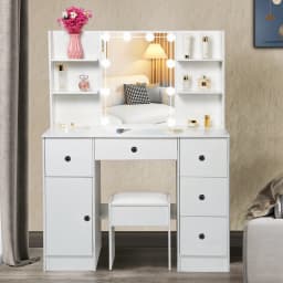 Vanity Set Dressing Table Stool Makeup Desk Drawers With Large LED Light Mirror