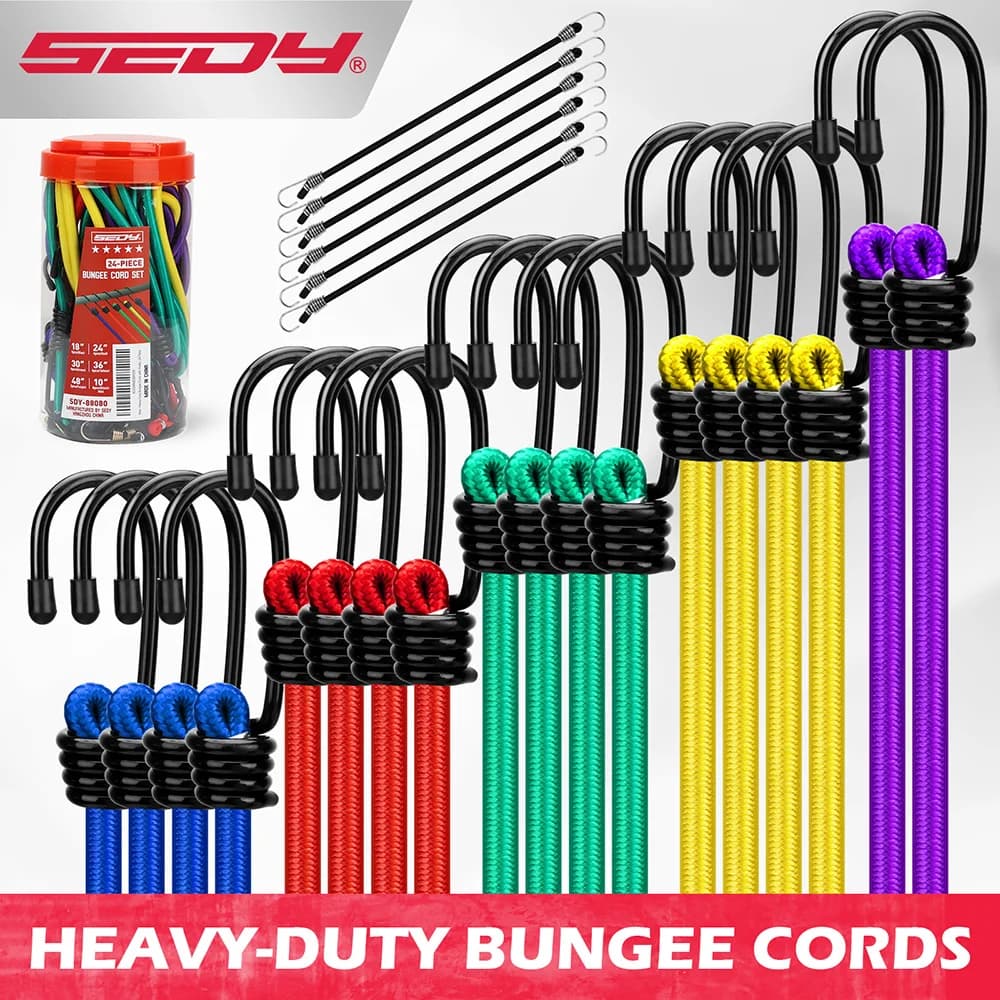 SEDY 24-Piece Heavy Duty Bungee Cords Set with Hooks, Assorted Sizes 10"-48" in Storage Jar, Ideal for Camping, Tents