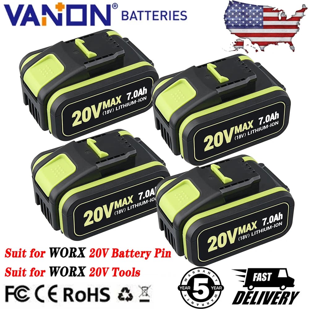 1/2/4Pcs 7.0Ah WA3551 Replace for Worx 20V Li-on Battery Pin WA3553 WA3556 WA3570,Compatible with WX390 WX178 Cordless Tools