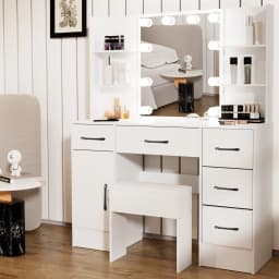 White Modern Vanity Set with 10 Led Lighted Mirror, 5 Drawers & Stool, 3 Color Dimmable, Easy Assembly Bedroom Dressers