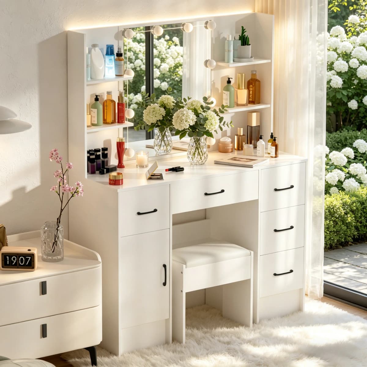 White Modern Vanity Set with 10 Led Lighted Mirror, 5 Drawers & Stool, 3 Color Dimmable, Easy Assembly Bedroom Dressers