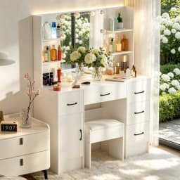 White Modern Vanity Set with 10 Led Lighted Mirror, 5 Drawers & Stool, 3 Color Dimmable, Easy Assembly Bedroom Dressers