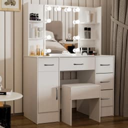 White Modern Vanity Set with 10 Led Lighted Mirror, 5 Drawers & Stool, 3 Color Dimmable, Easy Assembly Bedroom Dressers