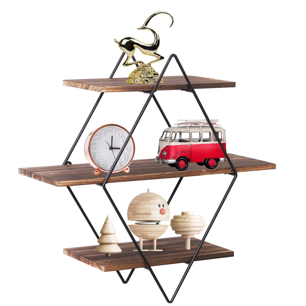 Rustic Wood Geometric Wall Floating Shelves Decorative Storage Display Rack Home Decor Wall Mounted Organizer