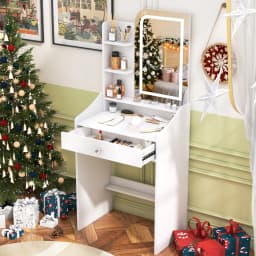 White Dressing Table with Dimmable LED Mirror Makeup Vanity Desk with Storage