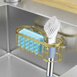 2-in-1 Sponge Holder - Kitchen Sink Organiser, Kitchen Sink Caddy Suction Cup, Dish Scrubbing Holder, Brass Sink Caddy, No Drill