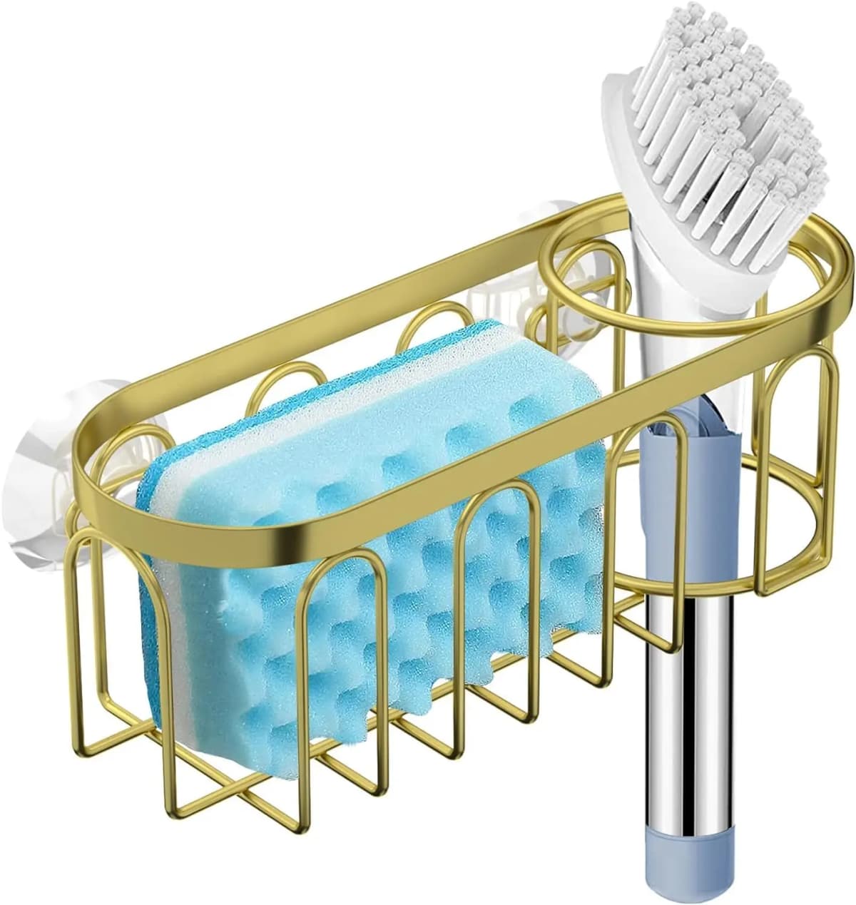 2-in-1 Sponge Holder - Kitchen Sink Organiser, Kitchen Sink Caddy Suction Cup, Dish Scrubbing Holder, Brass Sink Caddy, No Drill