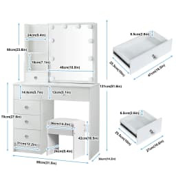 Hollywood Dressing Table Set with Led Mirror & Stool, 6 Drawers Including Large Drawer, Women's Makeup Vanity Desk for Bedroom