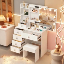 Hollywood Dressing Table Set with Led Mirror & Stool, 6 Drawers Including Large Drawer, Women's Makeup Vanity Desk for Bedroom