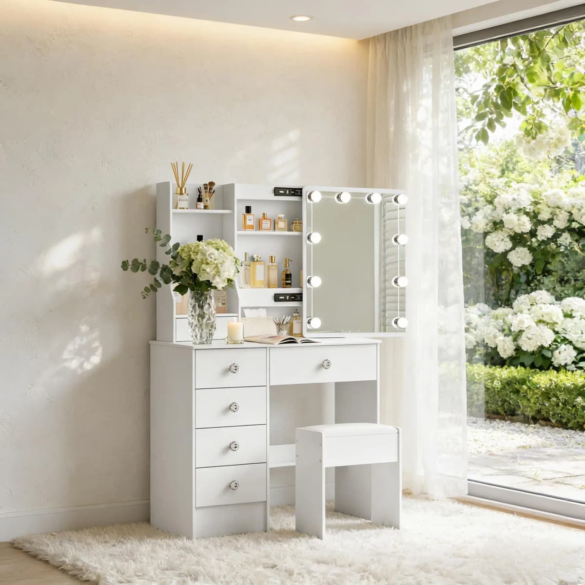 Hollywood Dressing Table Set with Led Mirror & Stool, 6 Drawers Including Large Drawer, Women's Makeup Vanity Desk for Bedroom