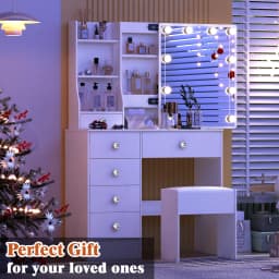 Hollywood Dressing Table Set with Led Mirror & Stool, 6 Drawers Including Large Drawer, Women's Makeup Vanity Desk for Bedroom