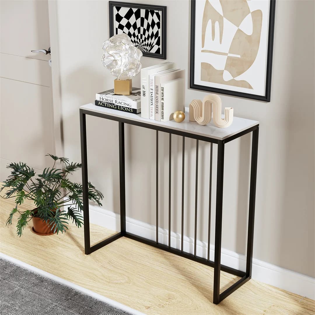 LUVODI 80cm Long Narrow Console Entry Table Storage Accent Table Behind Sofa Entryway with Black Metal Frame