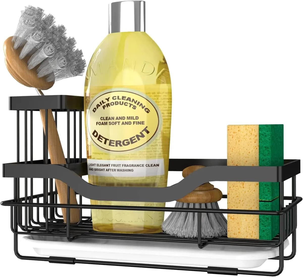 Sponge Holder for Sink Organizer, Multifunctional Rustproof Dish Soap Caddy With Detachable Brush Holder & Drain Tray -