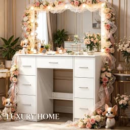 Vanity Dressing Table Set, 3 Color Dimmable 11 LED Lights Mirror, Storage Drawer Bedroom Furniture