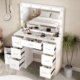 Vanity Dressing Table Set, 3 Color Dimmable 11 LED Lights Mirror, Storage Drawer Bedroom Furniture