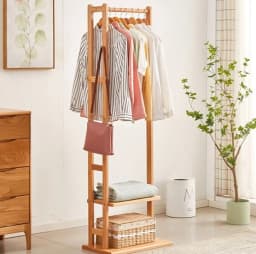 Bamboo Corner Coat Rack Stand - Freestanding Entryway Storage Shelves with Hanger Hooks for Home Organization