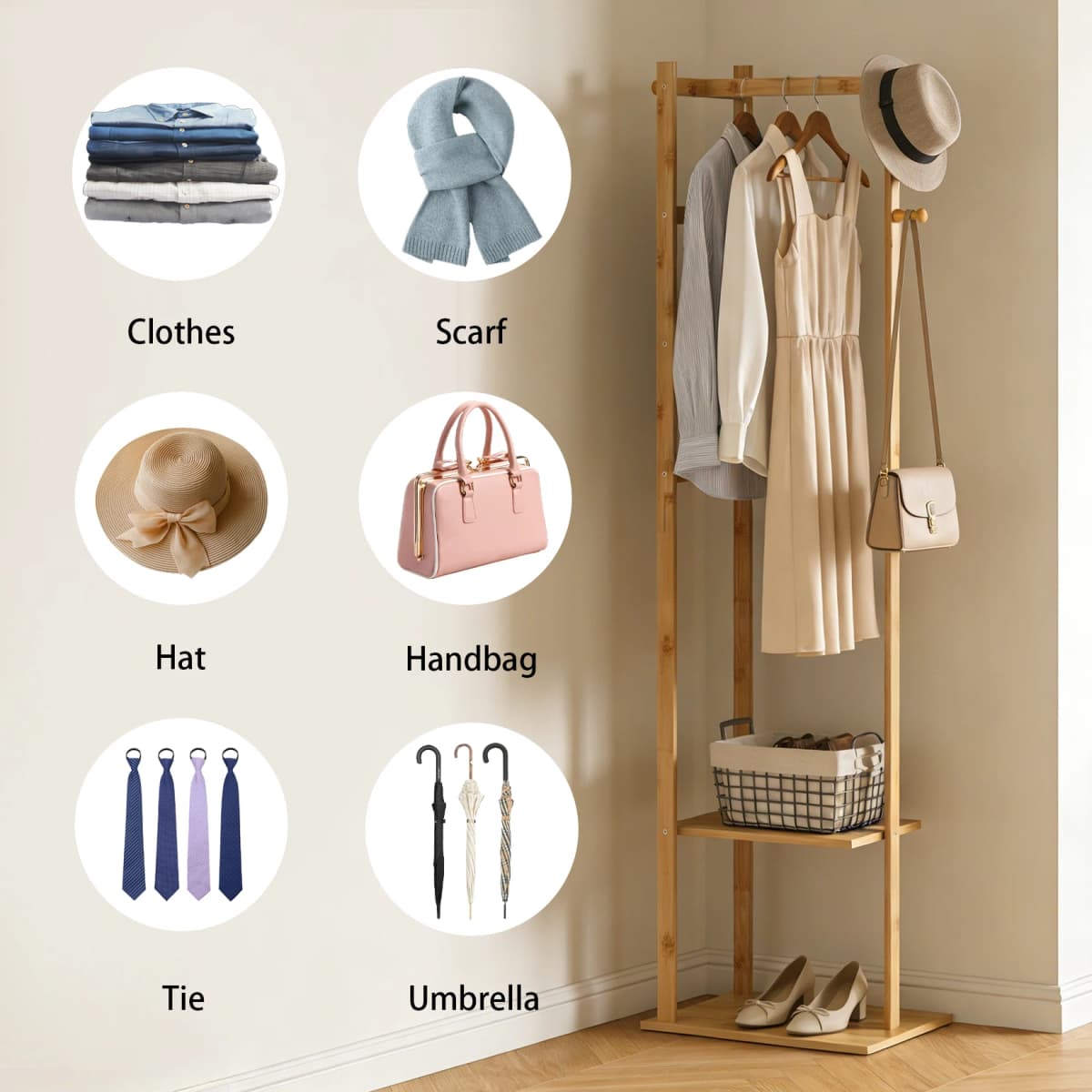Bamboo Corner Coat Rack Stand - Freestanding Entryway Storage Shelves with Hanger Hooks for Home Organization