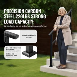 SucceBuy Outdoor Handrails for Steps 4-5step Stair Rail Kit Black Square Tube w/ Horizontal Bar Carbon Steel Support for Seniors