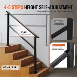 SucceBuy Outdoor Handrails for Steps 4-5step Stair Rail Kit Black Square Tube w/ Horizontal Bar Carbon Steel Support for Seniors