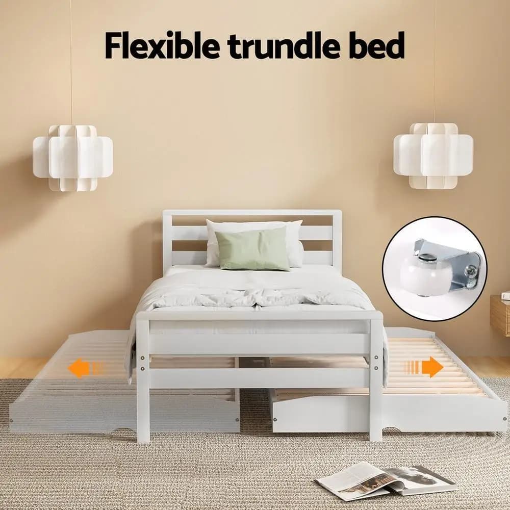 Single Size 2 in 1 Wooden Trundle Bed Frame White Platform Storage Bedroom Furniture