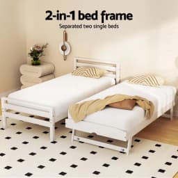 Single Size 2 in 1 Wooden Trundle Bed Frame White Platform Storage Bedroom Furniture