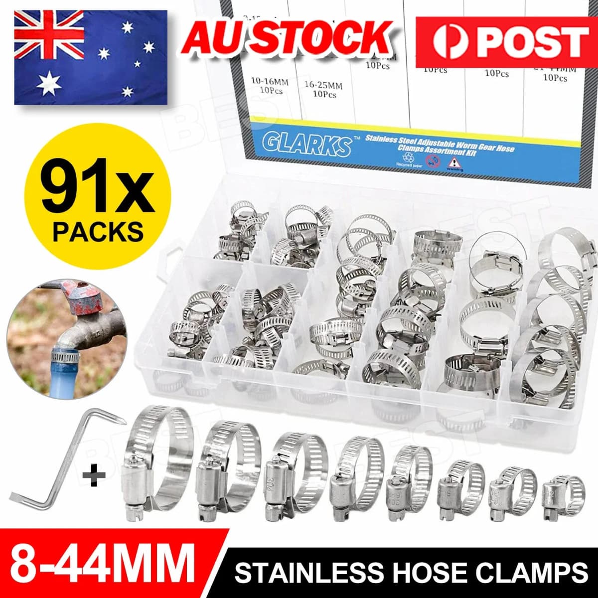 91x Stainless Steel Hose Clamps Clips Adjustable Range Worm Gear Pipe Clamp